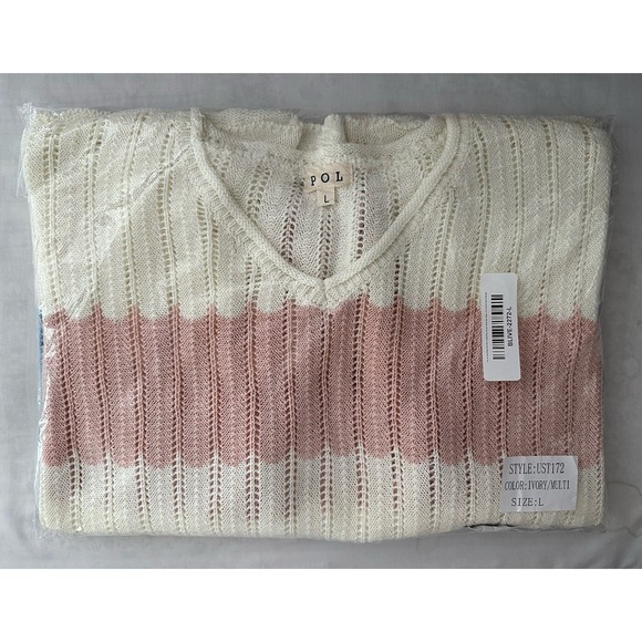NEW POL Boxy Oversize Sweater LARGE Ivory Blue Pink Stripes V-neck Drop Shoulder - Picture 12 of 13